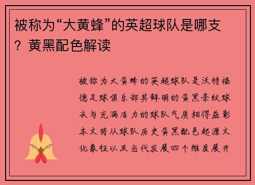 被称为“大黄蜂”的英超球队是哪支？黄黑配色解读